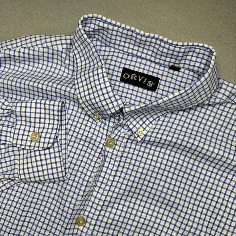 Orvis Button Down Shirt Mens XL Blue White Tattersall Check Long Sleeve Pocket